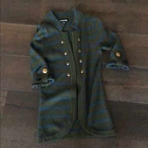 Green cardigan with blue stripes
